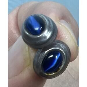 Vtg Mexico Sterling Silver Blue Cat Eye Stone Stud Earrings Jewelry Mexican